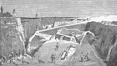 Ausgrabung des Athenatempels in Troja. Zeichnung von Heinrich Schliemann. 