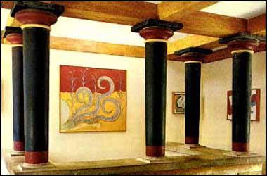 From the Palace of Knossos: A hall with copies of frescoes, above the Throne room